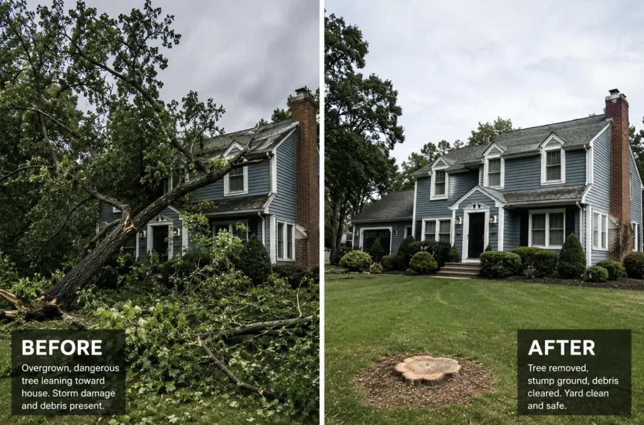 Before and after tree removal in Western Kentucky — storm damaged tree removed, yard restored